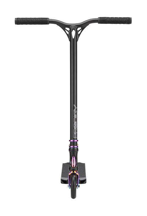 Front view of the Blunt Envy Prodigy X ONE Complete Stunt Scooter in Black/Oil Slick Neochrome, featuring a straight handlebar, small front wheel, wide deck, and "PRODIGY" vertically printed on the stem.