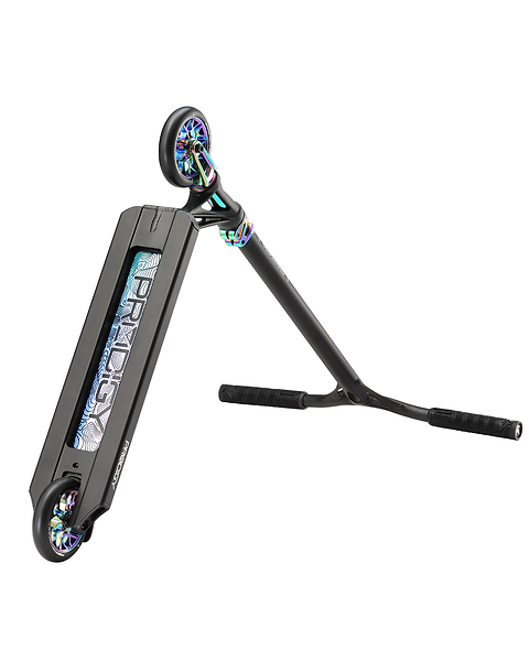 The Blunt Envy Prodigy X ONE Complete Stunt Scooter in Black/Oil Slick Neochrome features iridescent wheels, a graphic underside, durable Extech extrusion deck, and wide handlebars with black grips.