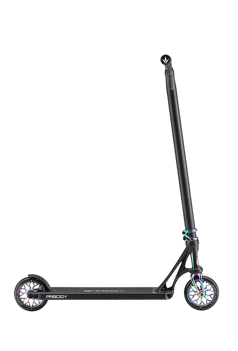 The Blunt Envy Prodigy X ONE Complete Stunt Scooter in Black/Oil Slick Neochrome features a sleek Extech extrusion deck, tall handlebar, and metallic rainbow details on the wheels and clamp, displayed against a plain white background.