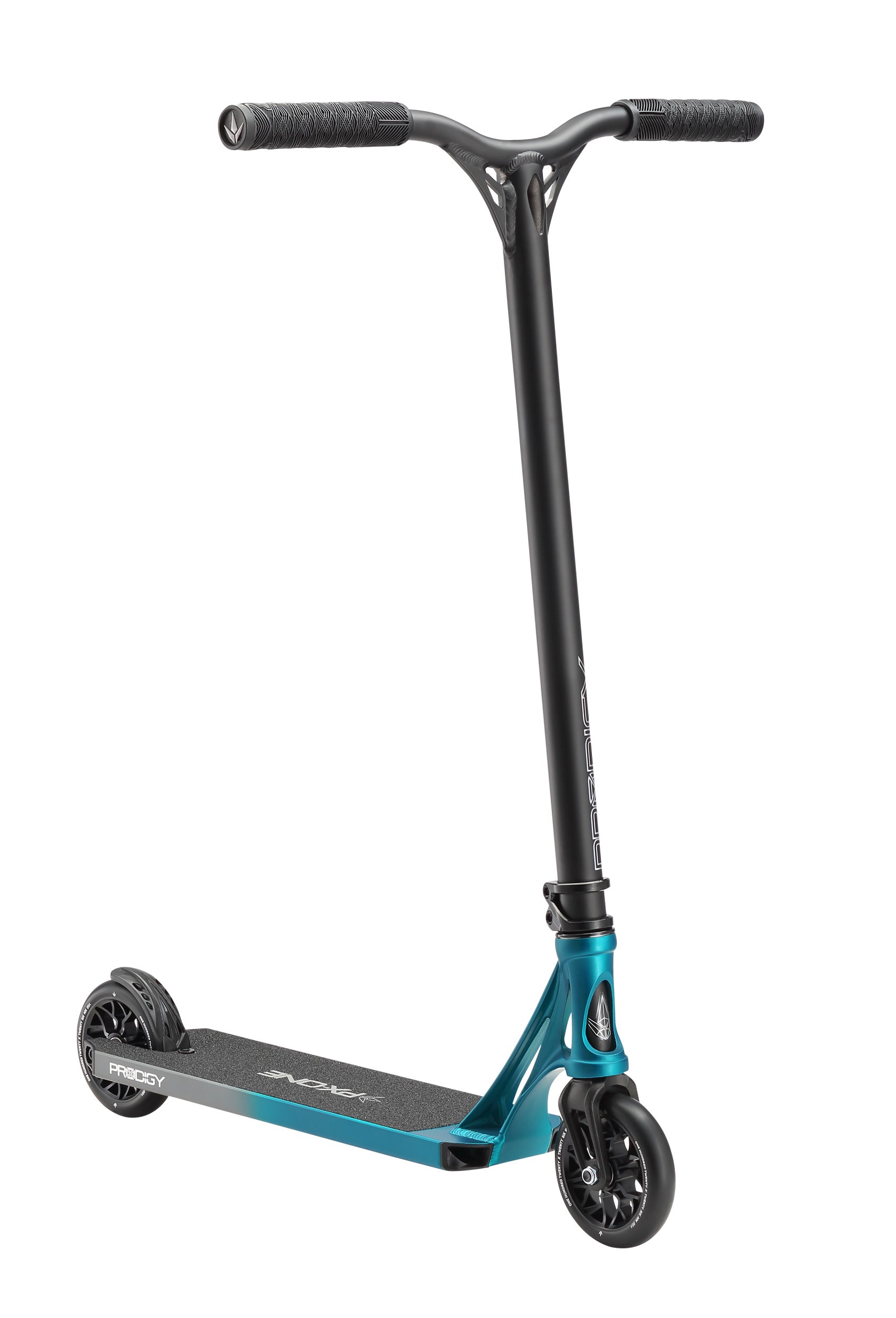 The Blunt Envy Prodigy X ONE Complete Stunt Scooter in Teal Blue/Silver features a black handlebar, black wheels, and a textured foot deck, shown on a white background.