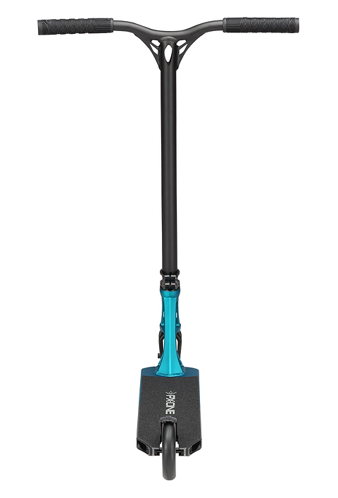 Front view of the Blunt Envy Prodigy X ONE Complete Stunt Scooter in teal blue and silver, featuring a T-shaped handlebar, black grips, and one visible front wheel below the deck.