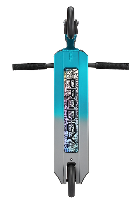 Top-down view of the Blunt Envy Prodigy X ONE Complete Stunt Scooter in Teal Blue/Silver, featuring black handlebar grips and wheels, a vibrant patterned deck, and bold "APEX" lettering.
