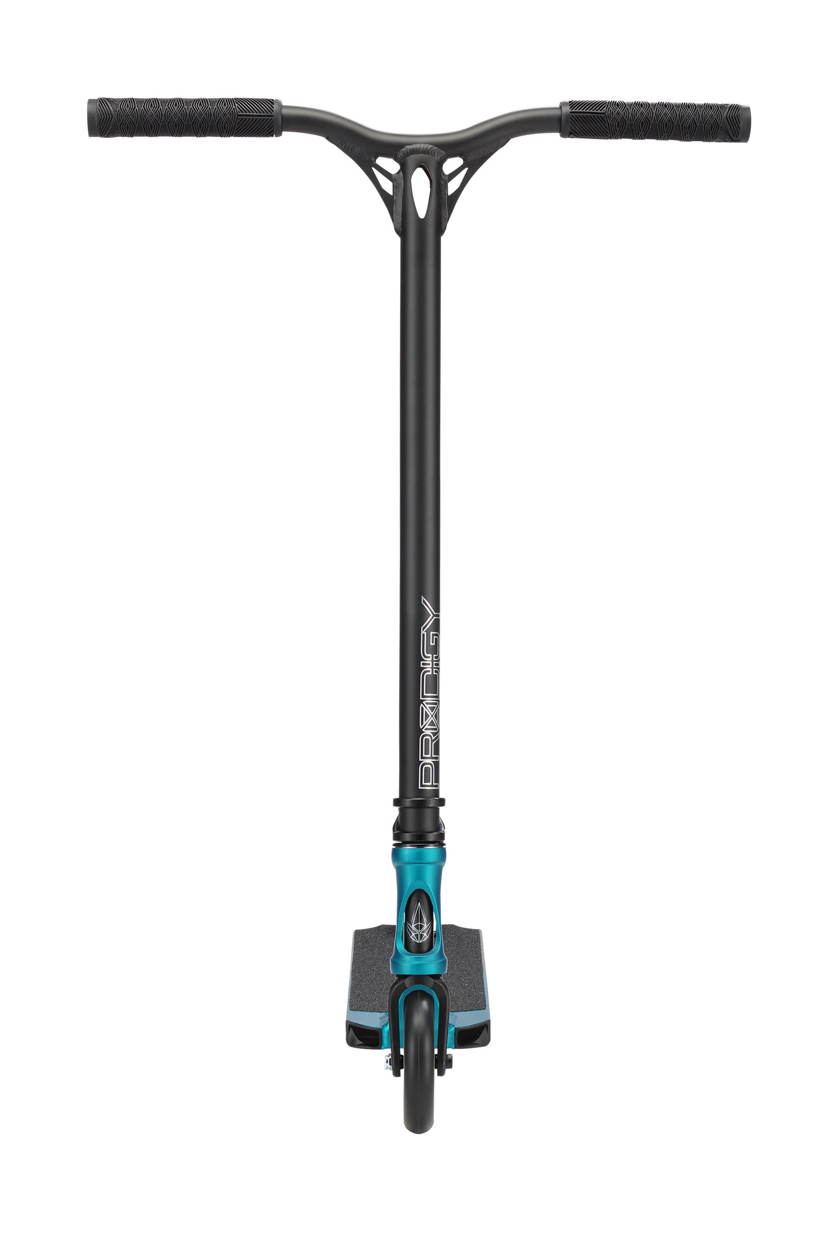 Front view of the Blunt Envy Prodigy X ONE Complete Stunt Scooter in Teal Blue/Silver, featuring black handlebars, matching teal clamp, and a black front wheel. "PRODIGY" is printed vertically on the head tube.