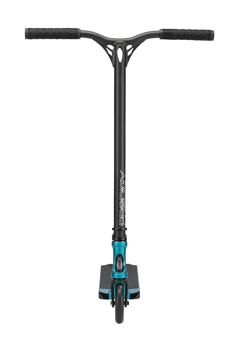 Front view of the Blunt Envy Prodigy X ONE Complete Stunt Scooter in Teal Blue/Silver, featuring black handlebars, matching teal clamp, and a black front wheel. "PRODIGY" is printed vertically on the head tube.