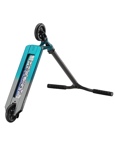 A Blunt Envy Prodigy X ONE Complete Stunt Scooter in teal blue and silver rests on its side, deck facing up to display "Prodigy." This modern, complete scooter features small wheels and a sleek design.