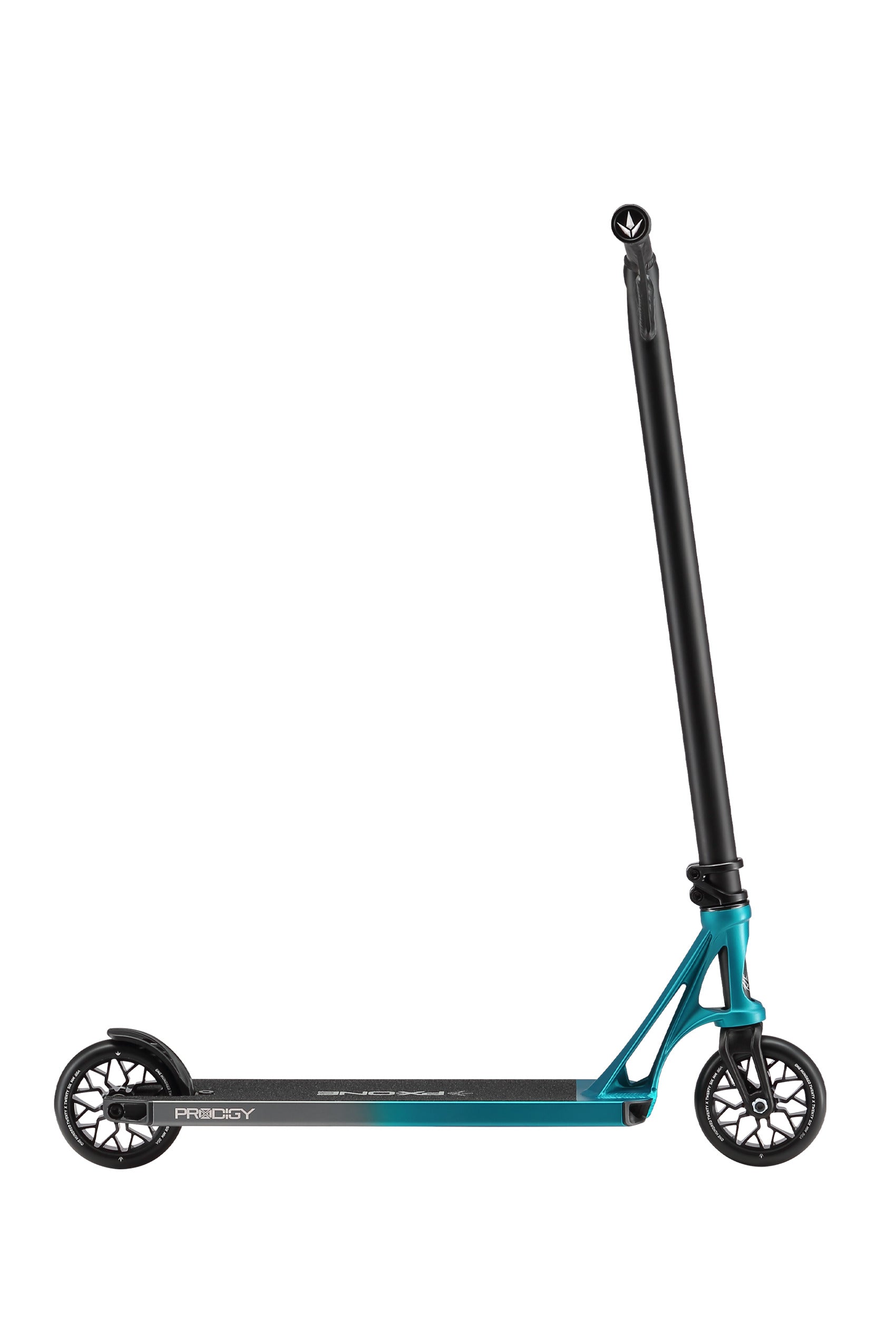 The Blunt Envy Prodigy X ONE Complete Stunt Scooter in Teal Blue/Silver features a black deck labeled "Prodigy," black wheels, and a tall black handlebar, shown upright against a white background.