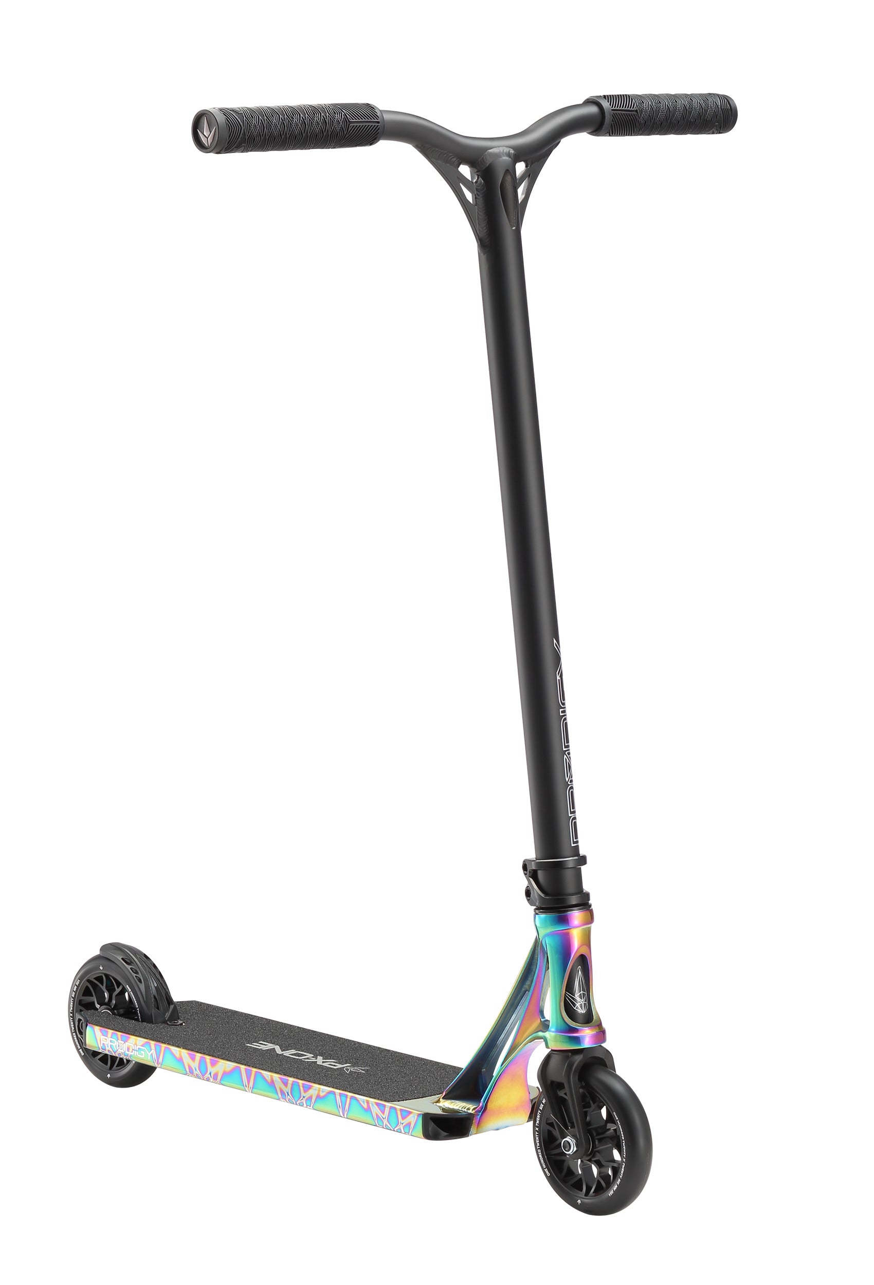 The Blunt Envy Prodigy X ONE Complete Stunt Scooter - Oil Slick Neochrome features black handlebars and an Extech extrusion deck with iridescent rainbow accents on the base and wheels, set against a white background.