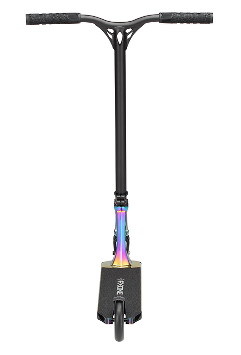 A close-up of a Blunt Envy Prodigy X ONE Complete Stunt Scooter - Oil Slick Neochrome.