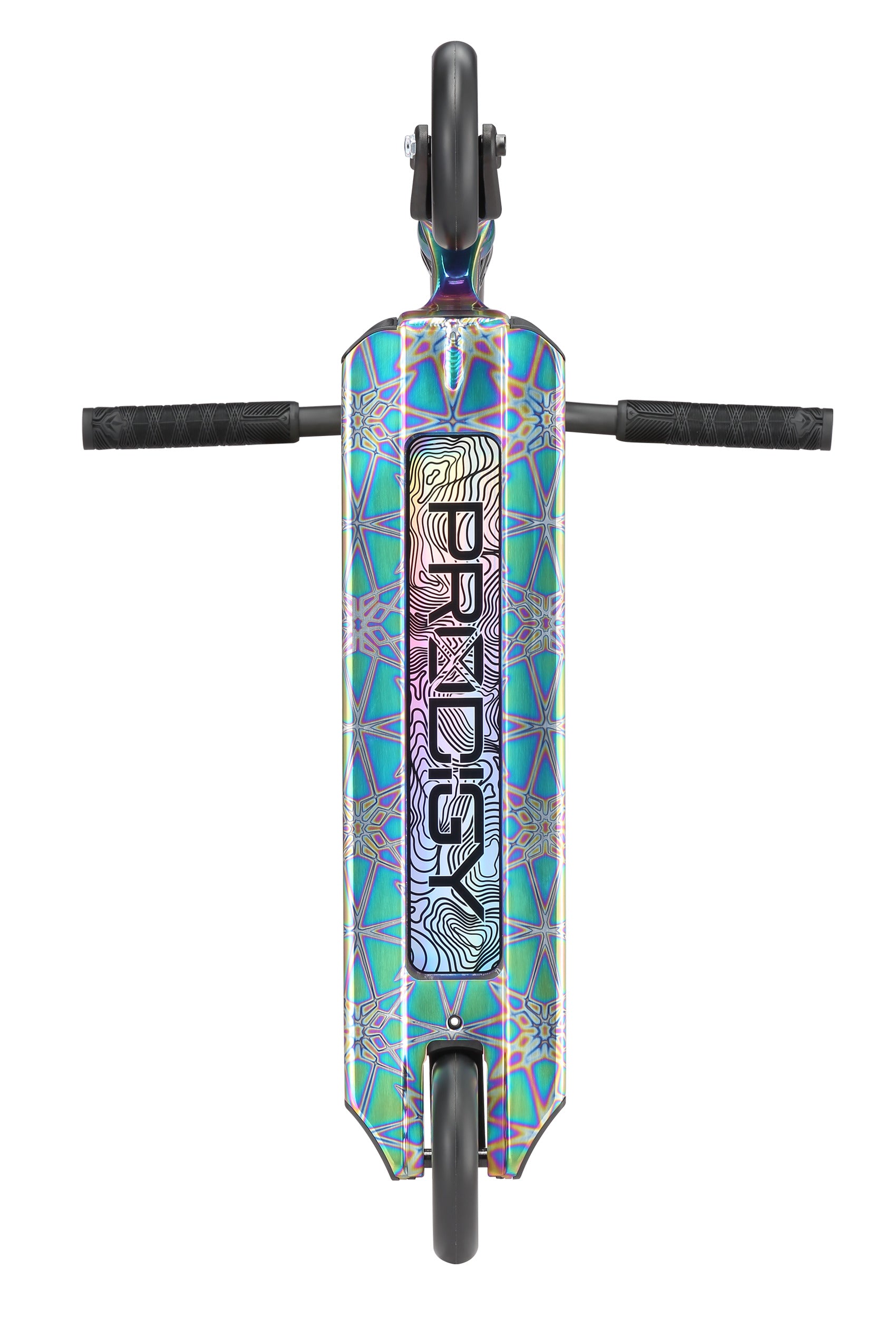 A top view of the Blunt Envy Prodigy X ONE Complete Stunt Scooter in Oil Slick Neochrome, featuring black handlebars, a striking geometric-patterned deck, and "PROSPECT" boldly printed at the center.