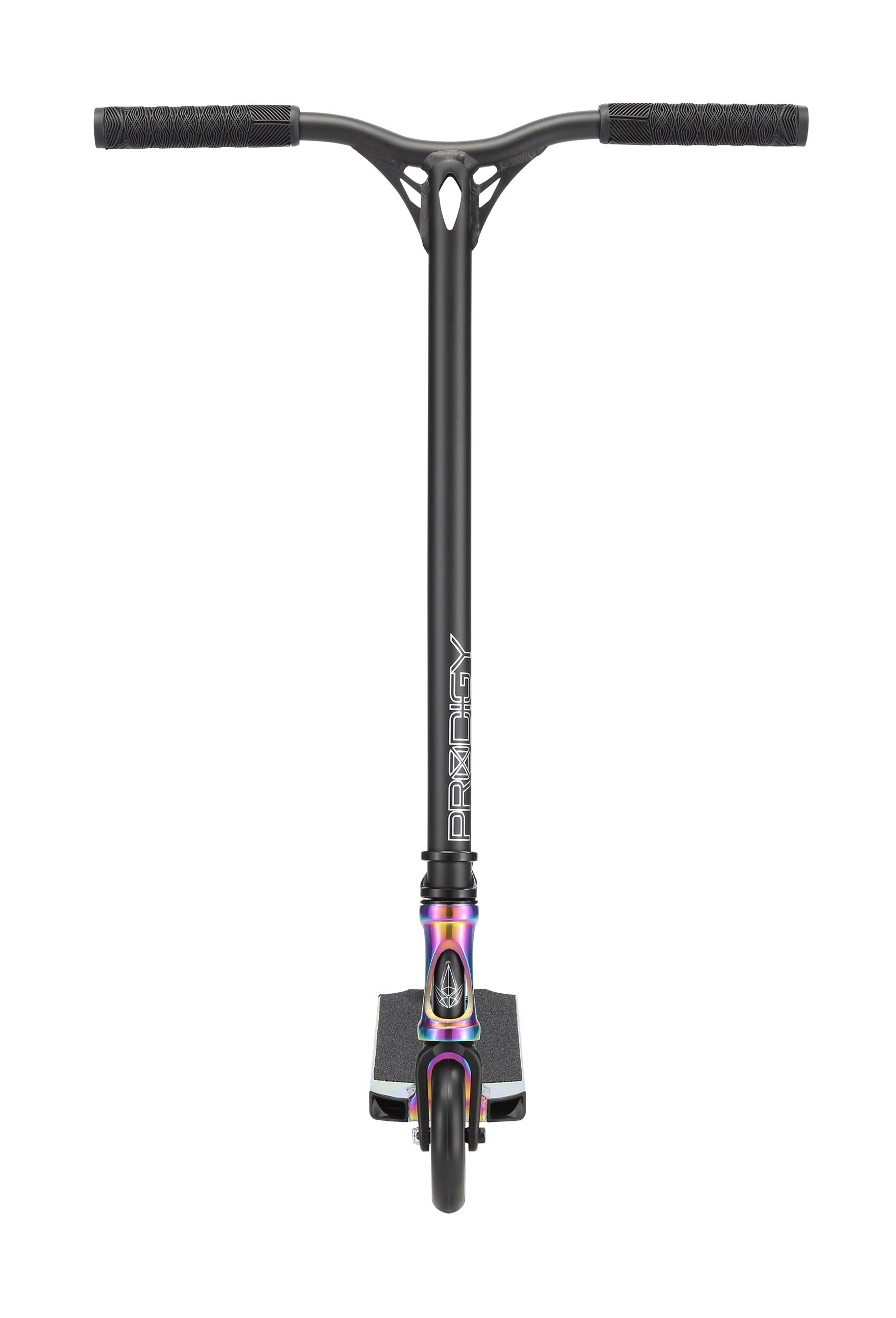 The Blunt Envy Prodigy X ONE Complete Stunt Scooter in Oil Slick Neochrome has a wide handlebar with textured grips, an Extech extrusion deck with grip tape, a colorful metallic clamp, and “Prodigy” branding on the handlebar stem.