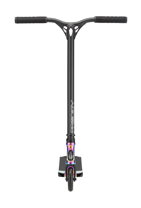 The Blunt Envy Prodigy X ONE Complete Stunt Scooter in Oil Slick Neochrome has a wide handlebar with textured grips, an Extech extrusion deck with grip tape, a colorful metallic clamp, and “Prodigy” branding on the handlebar stem.