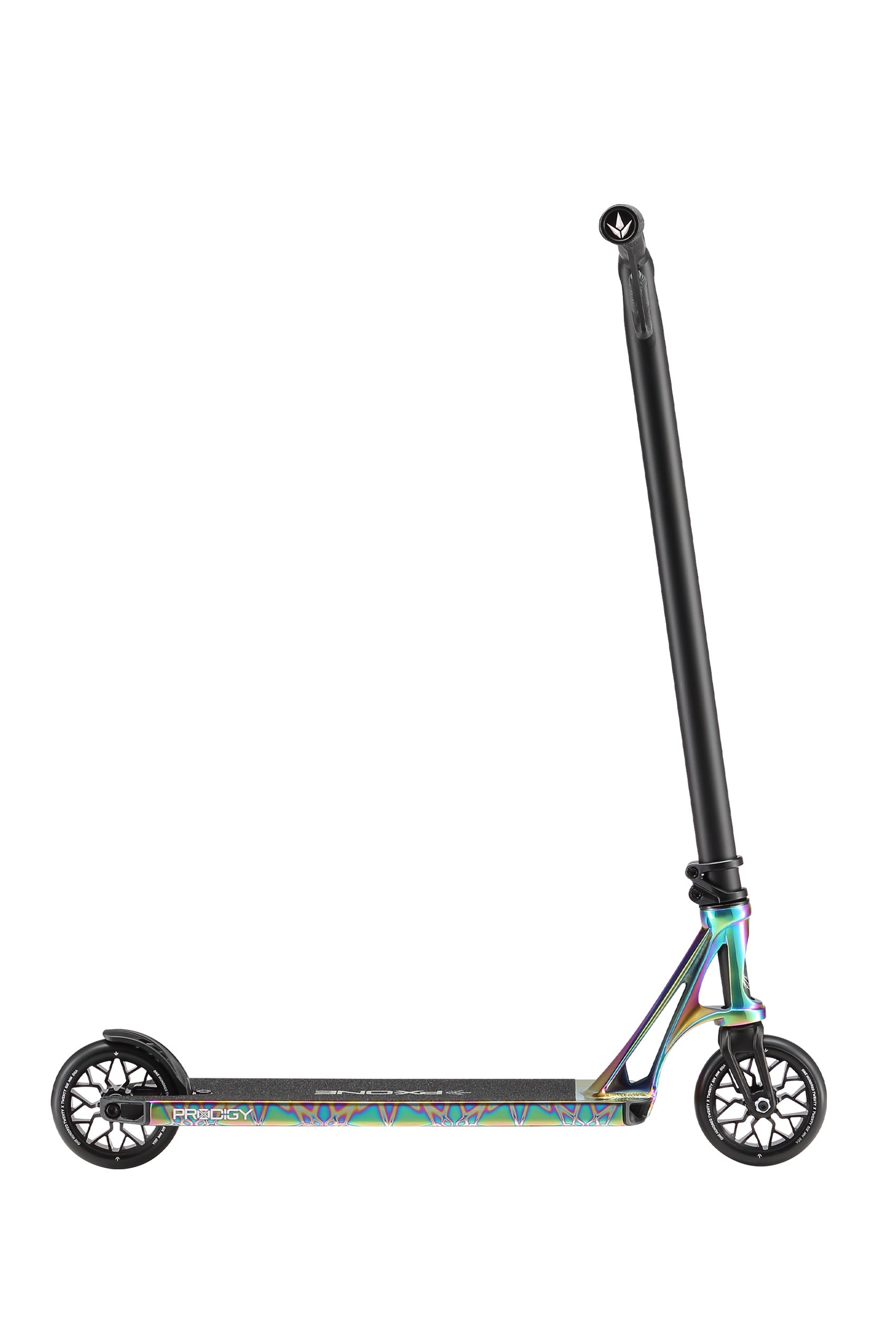 The Blunt Envy Prodigy X ONE Complete Stunt Scooter in Oil Slick Neochrome features a durable Extech extrusion deck, sturdy black handlebars, two black wheels, and a modern design, shown upright against a white background.
