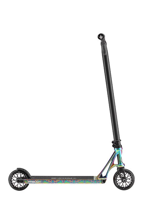 The Blunt Envy Prodigy X ONE Complete Stunt Scooter in Oil Slick Neochrome features a durable Extech extrusion deck, sturdy black handlebars, two black wheels, and a modern design, shown upright against a white background.