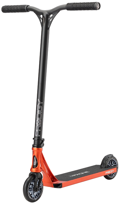 The Blunt Envy Prodigy X ONE Complete Stunt Scooter in orange features a textured handlebar, Extech extrusion deck, and two small black wheels. "PRODIGY" is printed vertically on the front of the handlebar stem.