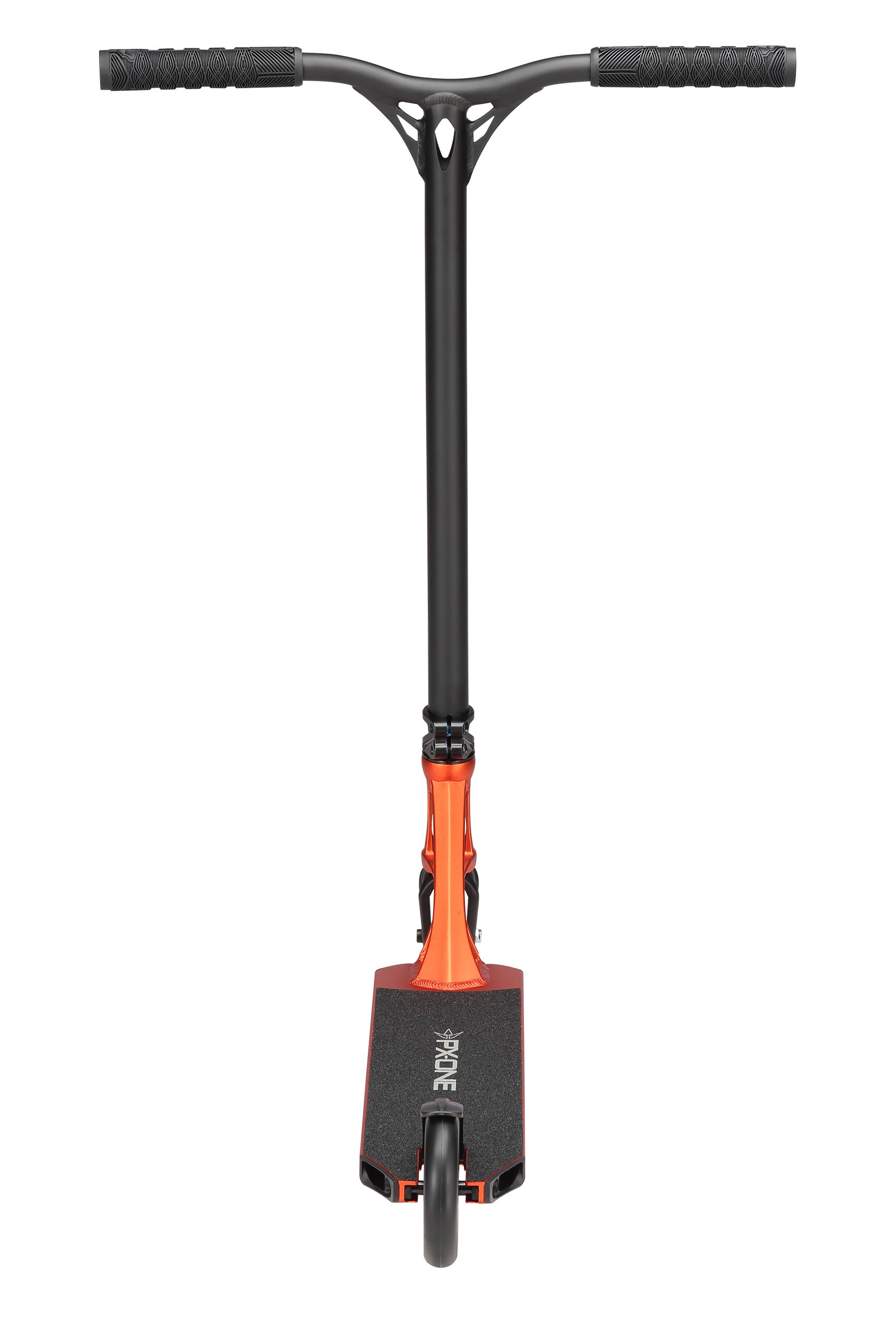 Front view of the Blunt Envy Prodigy X ONE Complete Stunt Scooter - Orange, featuring a wide handlebar, textured grip tape on the Extech extrusion deck, and a single front wheel visible at the base.
