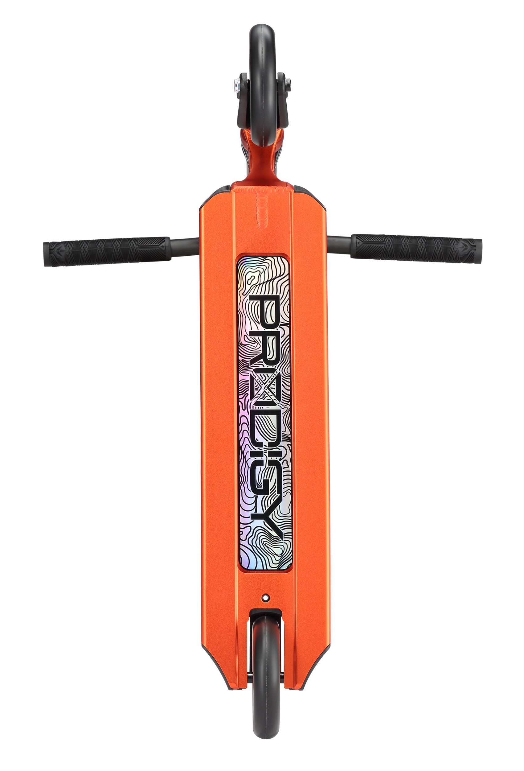 Top-down view of the Blunt Envy Prodigy X ONE Complete Stunt Scooter in orange, featuring black handlebars, black wheels, and an Extech extrusion deck with a bold “PRODIGY” graphic and decorative pattern.