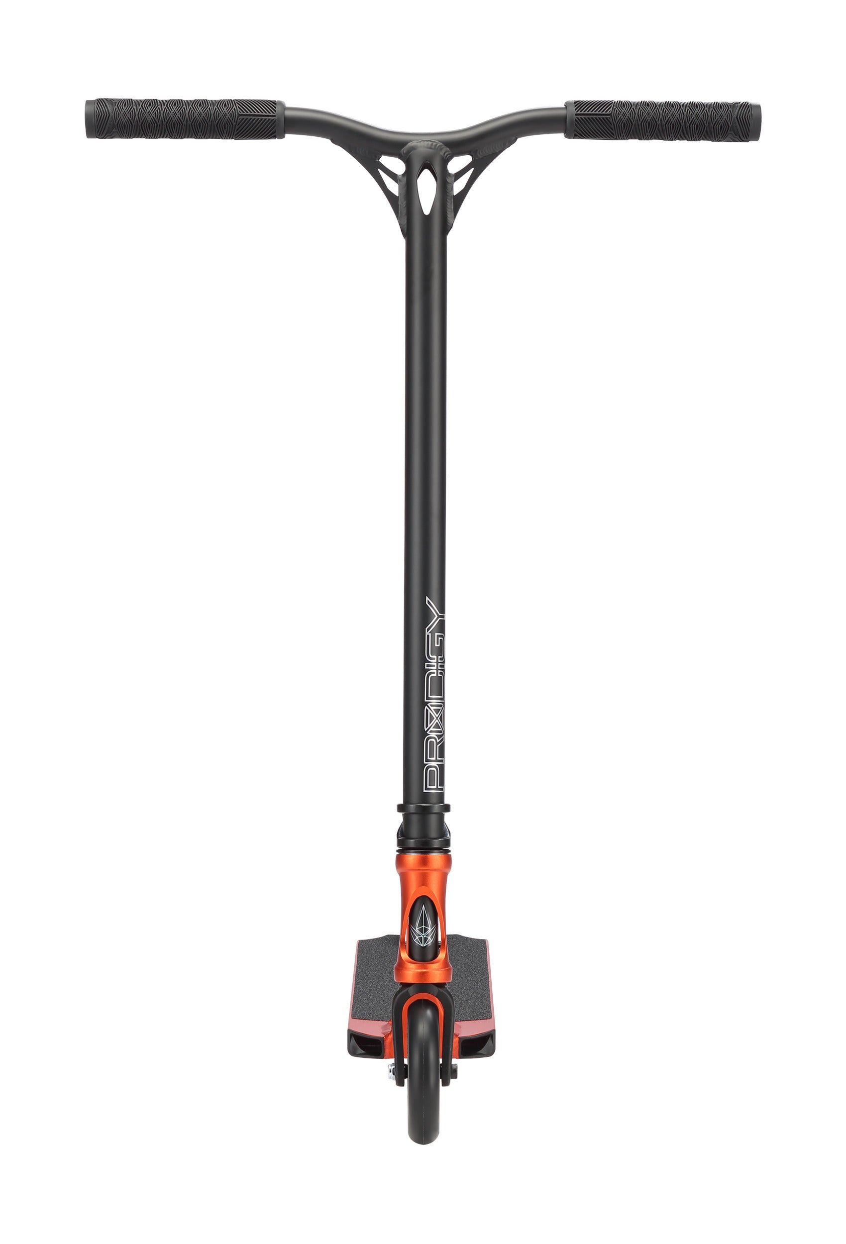 An orange Blunt Envy Prodigy X ONE Complete Stunt Scooter is shown from the front, highlighting its handlebars, stem, single front wheel, and grippy Extech extrusion deck.