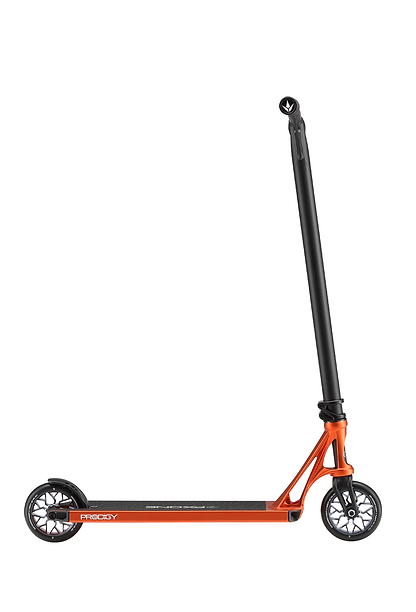The Blunt Envy Prodigy X ONE Complete Stunt Scooter in orange features a straight handlebar and black wheels, shown upright against a white background.