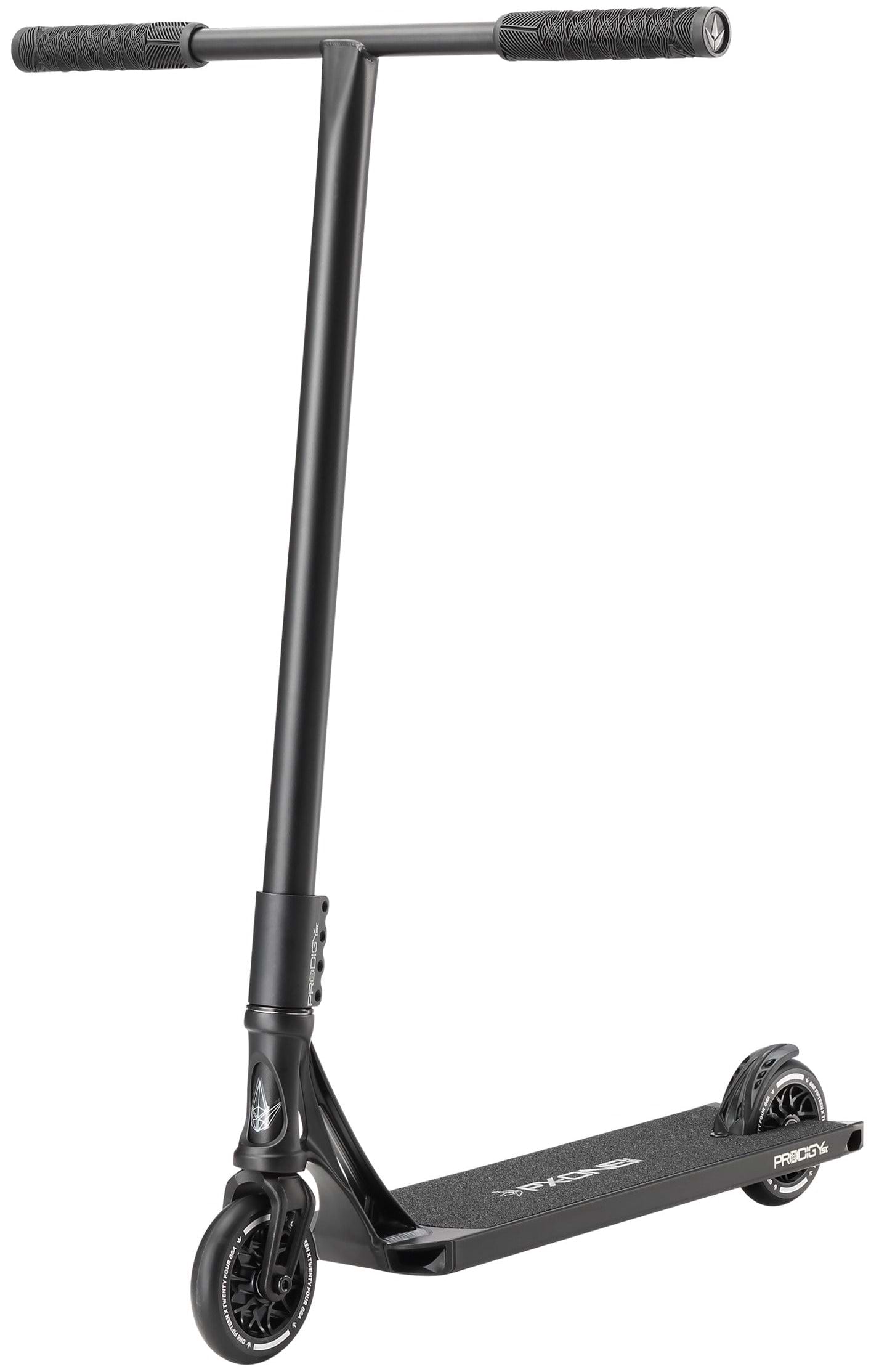 The Blunt Envy Prodigy X ONE Street Edition Complete Stunt Scooter in black features a straight handlebar, textured grips, small front and rear wheels, and a deck labeled "Prodigy," angled slightly to the side for style and durability.