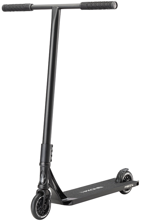 The Blunt Envy Prodigy X ONE Street Edition Complete Stunt Scooter in black features a straight handlebar, textured grips, small front and rear wheels, and a deck labeled "Prodigy," angled slightly to the side for style and durability.