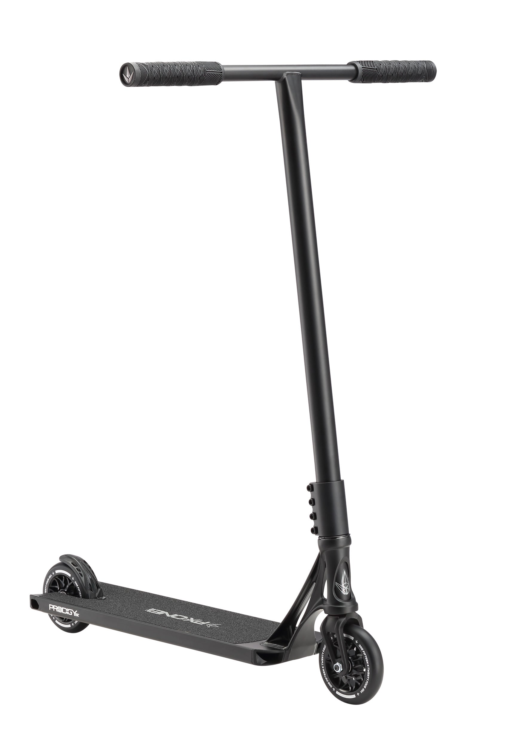 The Blunt Envy Prodigy X ONE Street Edition Complete Stunt Scooter in black features a straight handlebar, two small wheels, and a sturdy deck—ideal for street enthusiasts—shown on a white background.