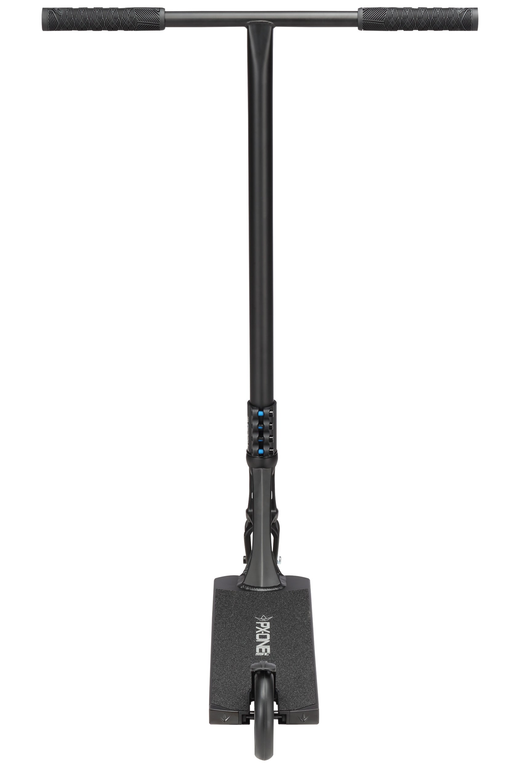 Front view of the Blunt Envy Prodigy X ONE Street Edition Complete Stunt Scooter - Black, featuring a T-shaped handlebar, textured grips, wide deck, and the “Blunt Envy” brand logo visible on the deck above the front wheel.