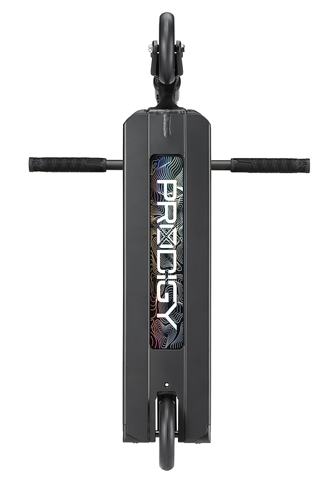 Top-down view of the Blunt Envy Prodigy X ONE Street Edition Complete Stunt Scooter in black, featuring extended handlebars, a colorful wavy deck design with bold “PROSXY” lettering, and both wheels visible at each end.