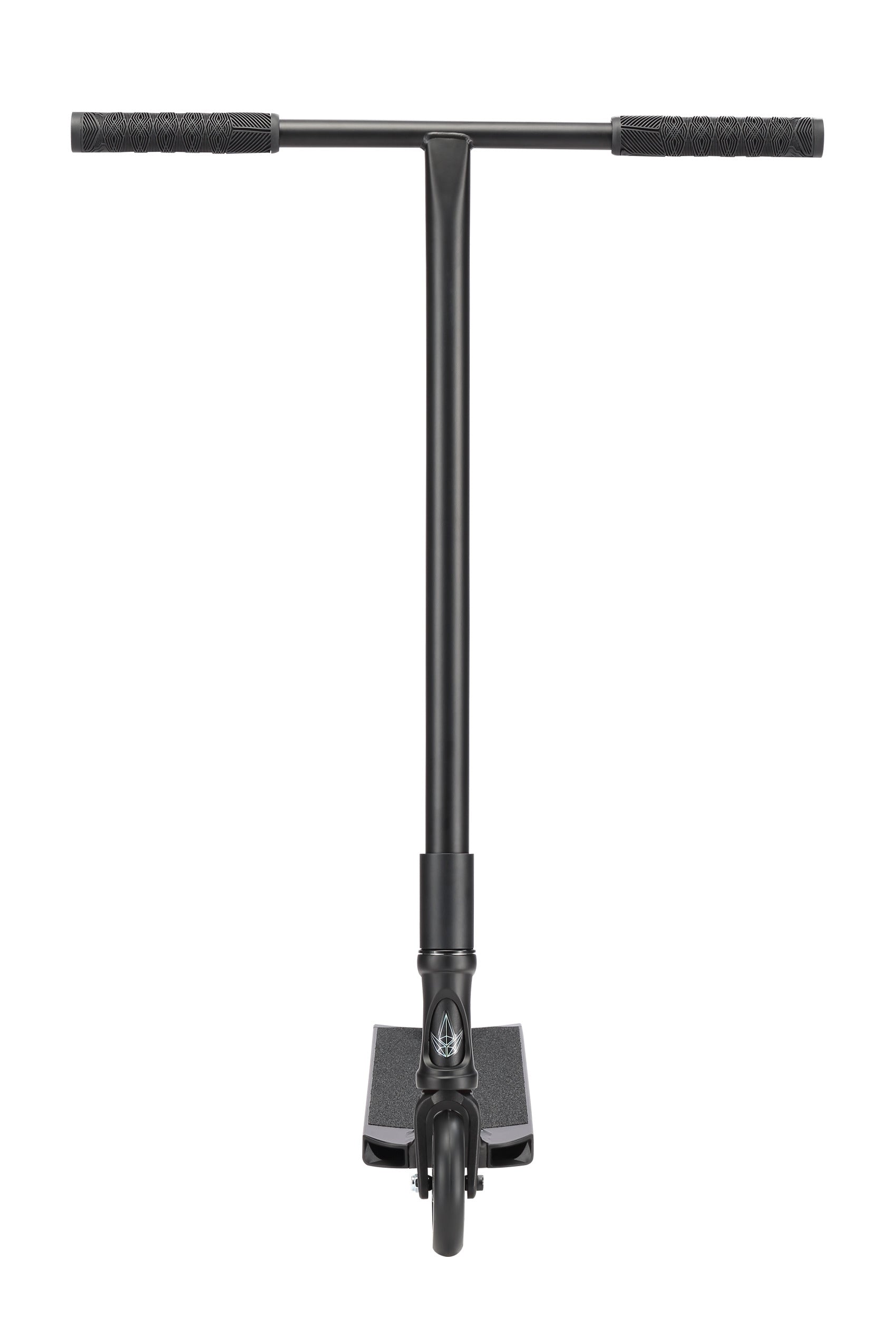 A front view of the Blunt Envy Prodigy X ONE Street Edition Complete Stunt Scooter in black highlights its handlebars, single front wheel, and slim deck against a plain white background, emphasizing the scooter's durability and sleek street design.