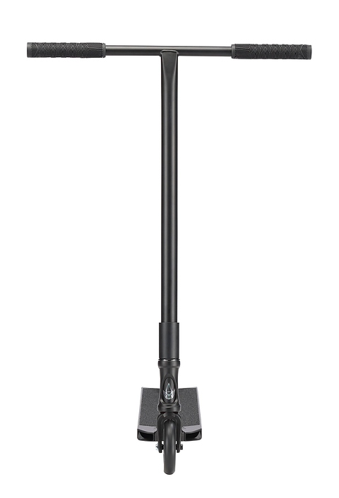 A front view of the Blunt Envy Prodigy X ONE Street Edition Complete Stunt Scooter in black highlights its handlebars, single front wheel, and slim deck against a plain white background, emphasizing the scooter's durability and sleek street design.