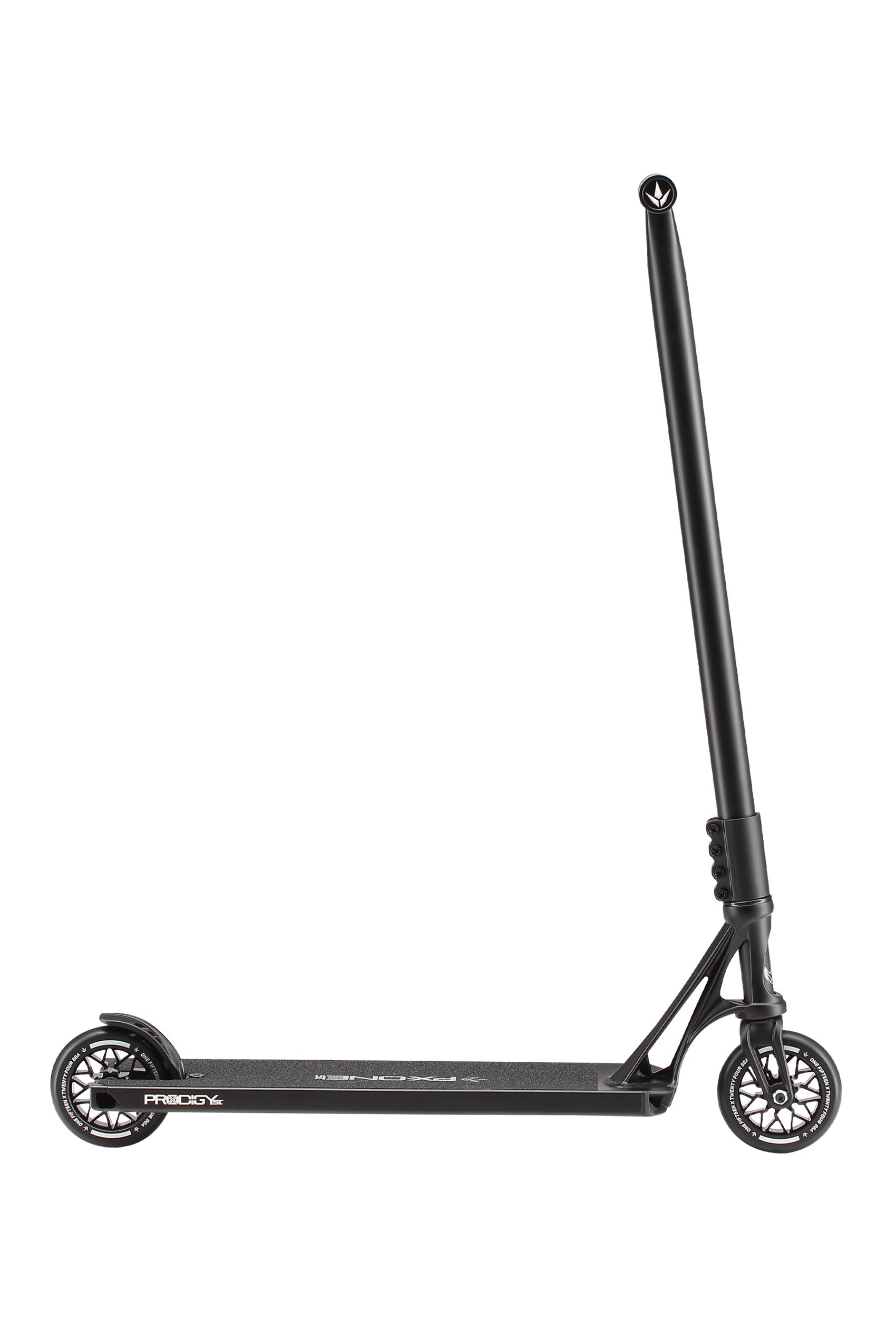 The Blunt Envy Prodigy X ONE Street Edition Complete Stunt Scooter in black is a durable freestyle street scooter with small wheels, a long deck, and upright handlebars, shown in side profile against a white background.