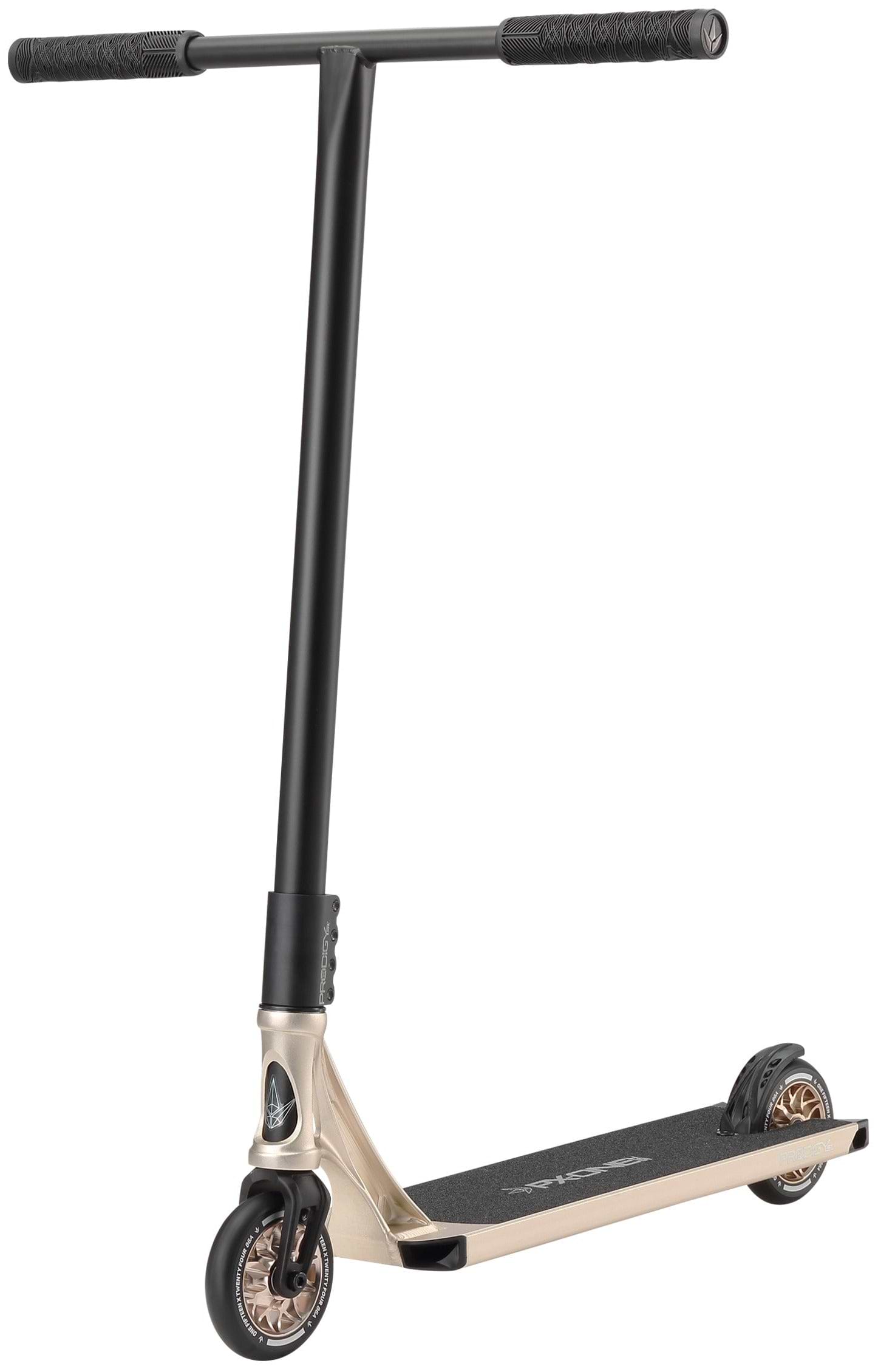 The Blunt Envy Prodigy X ONE Street Edition Complete Stunt Scooter in Ivory features a wide T-bar, black grip tape on the deck, and two bronze-tone wheels; this durable scooter is pictured at a slight angle.