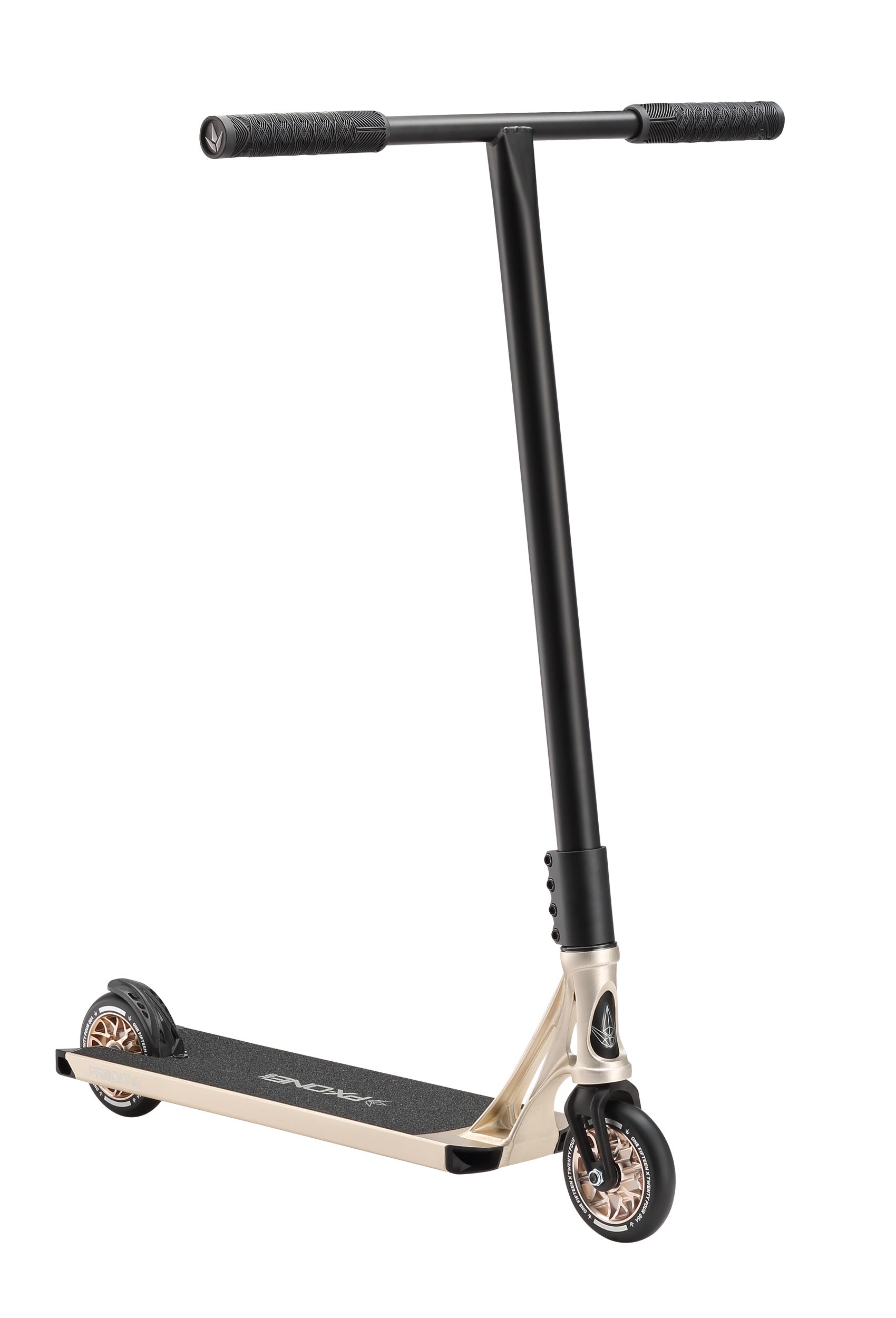 The Blunt Envy Prodigy X ONE Street Edition Complete Stunt Scooter - Ivory features a black handlebar, gold-colored deck with grip tape, and small wheels. Its minimal, sleek design is ideal for street-style tricks and is shown against a white background.