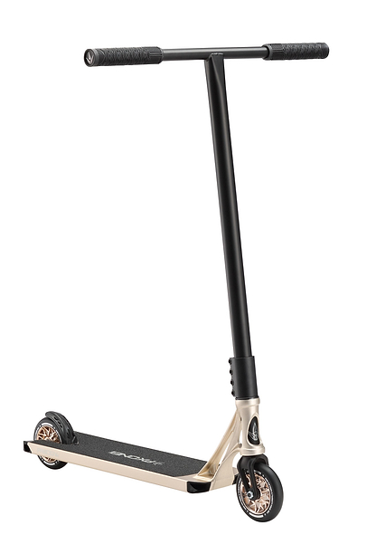 The Blunt Envy Prodigy X ONE Street Edition Complete Stunt Scooter - Ivory features a black handlebar, gold-colored deck with grip tape, and small wheels. Its minimal, sleek design is ideal for street-style tricks and is shown against a white background.