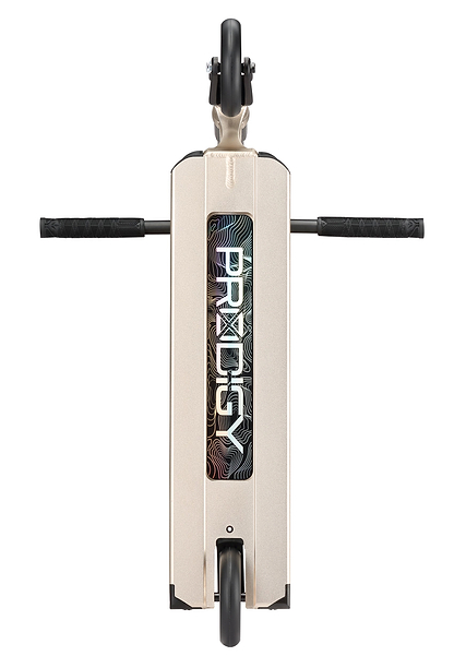 Top-down view of the Blunt Envy Prodigy X ONE Street Edition Complete Stunt Scooter in Ivory, featuring black handlebars and wheels—ideal for street-style riders seeking durability and performance.