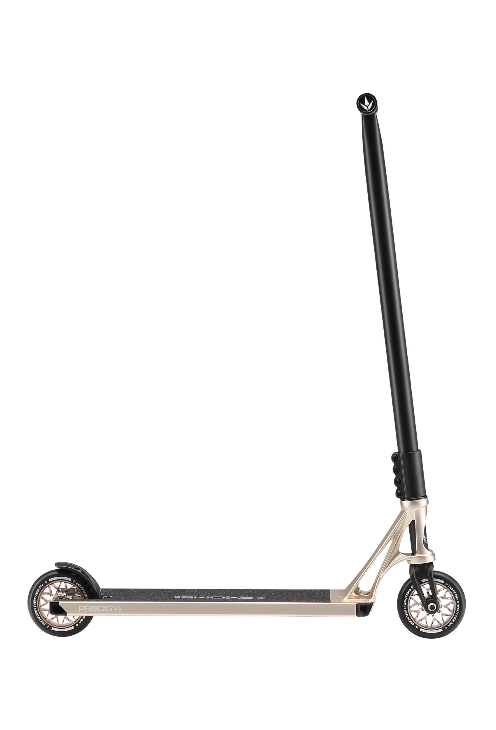 The Blunt Envy Prodigy X ONE Street Edition Complete Stunt Scooter in Ivory features a metallic gold deck, black grip tape, black handlebars, and black wheels with silver spokes, displayed in profile on a white background.