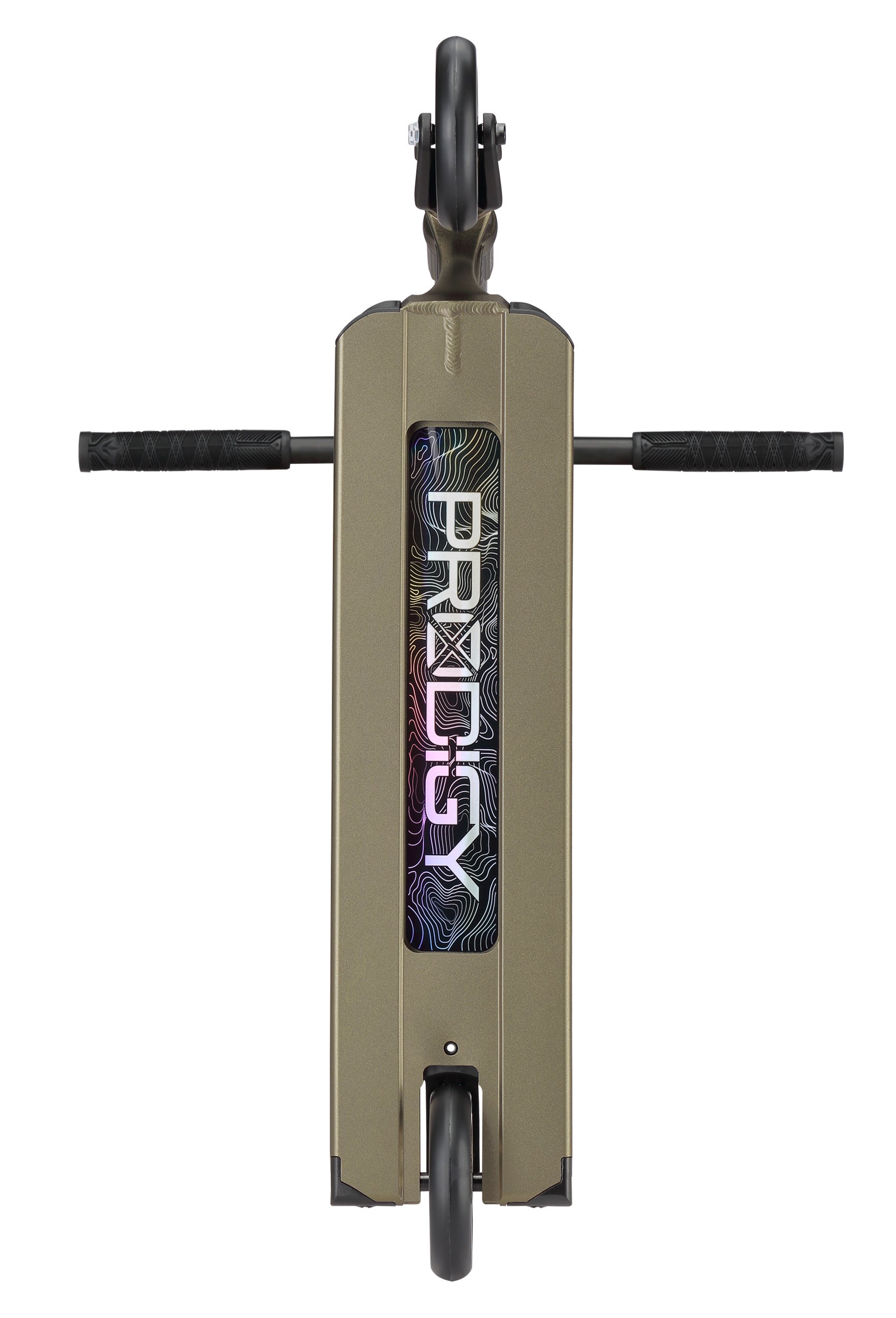 Top-down view of the Blunt Envy Prodigy X ONE Street Edition Complete Stunt Scooter in olive, featuring black handlebars and wheels, a holographic "PROSENY" logo, wavy centerline pattern, and advanced Prodigy technology.