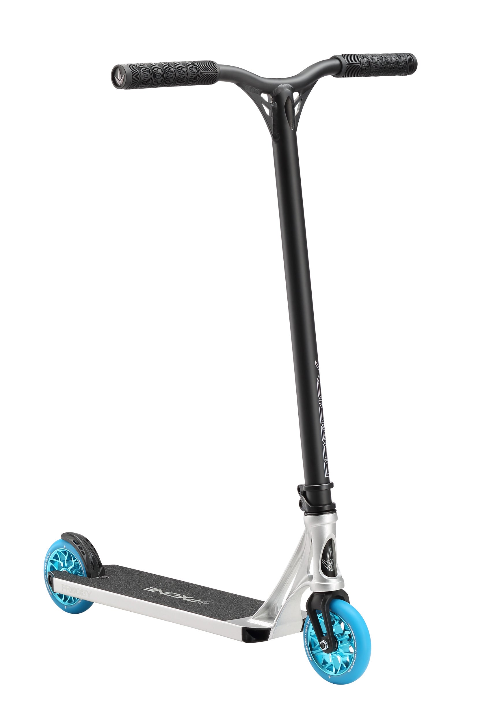 The Blunt Envy Prodigy X ONE Complete Stunt Scooter in silver, featuring a flat deck, black handlebars, and bright blue wheels, stands upright on a white background.