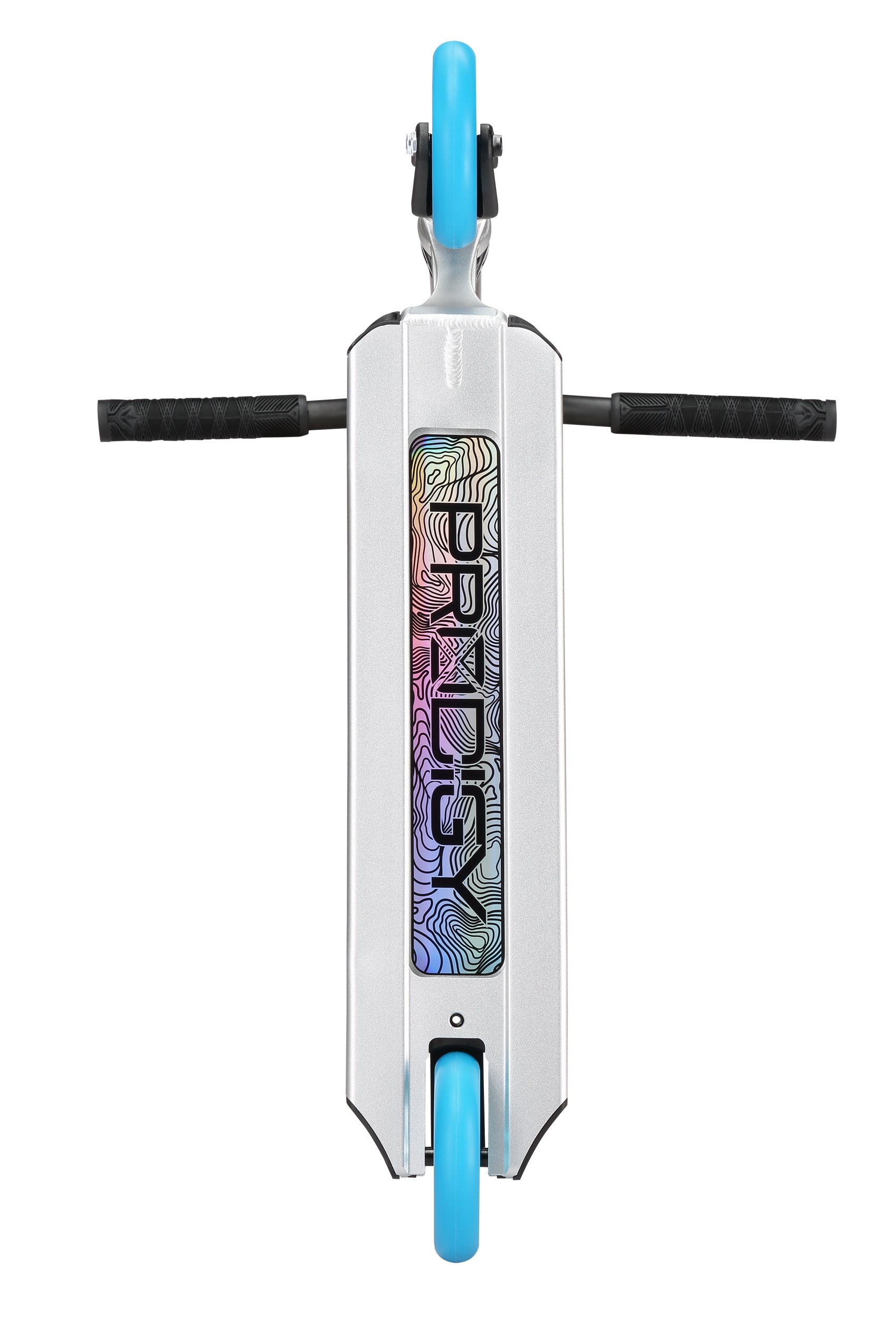 Top view of the Blunt Envy Prodigy X ONE Complete Stunt Scooter in silver, with blue wheels and black handlebars. The deck displays a vibrant patterned graphic—ideal as a complete stunt scooter for tricks and rides.