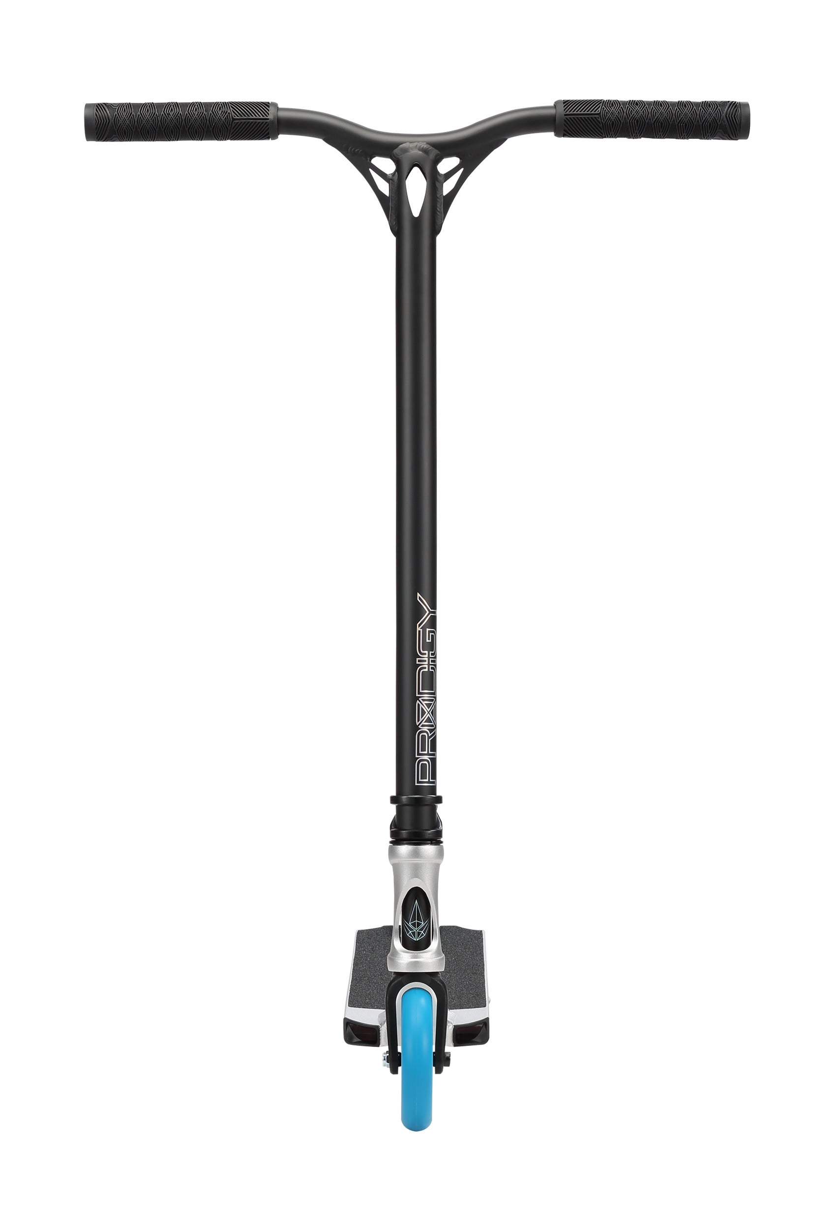 Front view of a Blunt Envy Prodigy X ONE Complete Stunt Scooter - Silver, featuring a T-shaped handlebar with "Prodigy" written vertically, silver clamp, and blue front wheel. Brand: Blunt Envy.