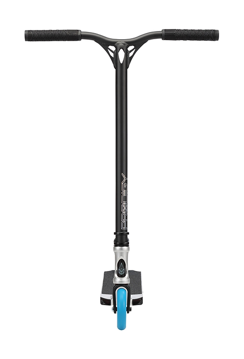 Front view of a Blunt Envy Prodigy X ONE Complete Stunt Scooter - Silver, featuring a T-shaped handlebar with "Prodigy" written vertically, silver clamp, and blue front wheel. Brand: Blunt Envy.