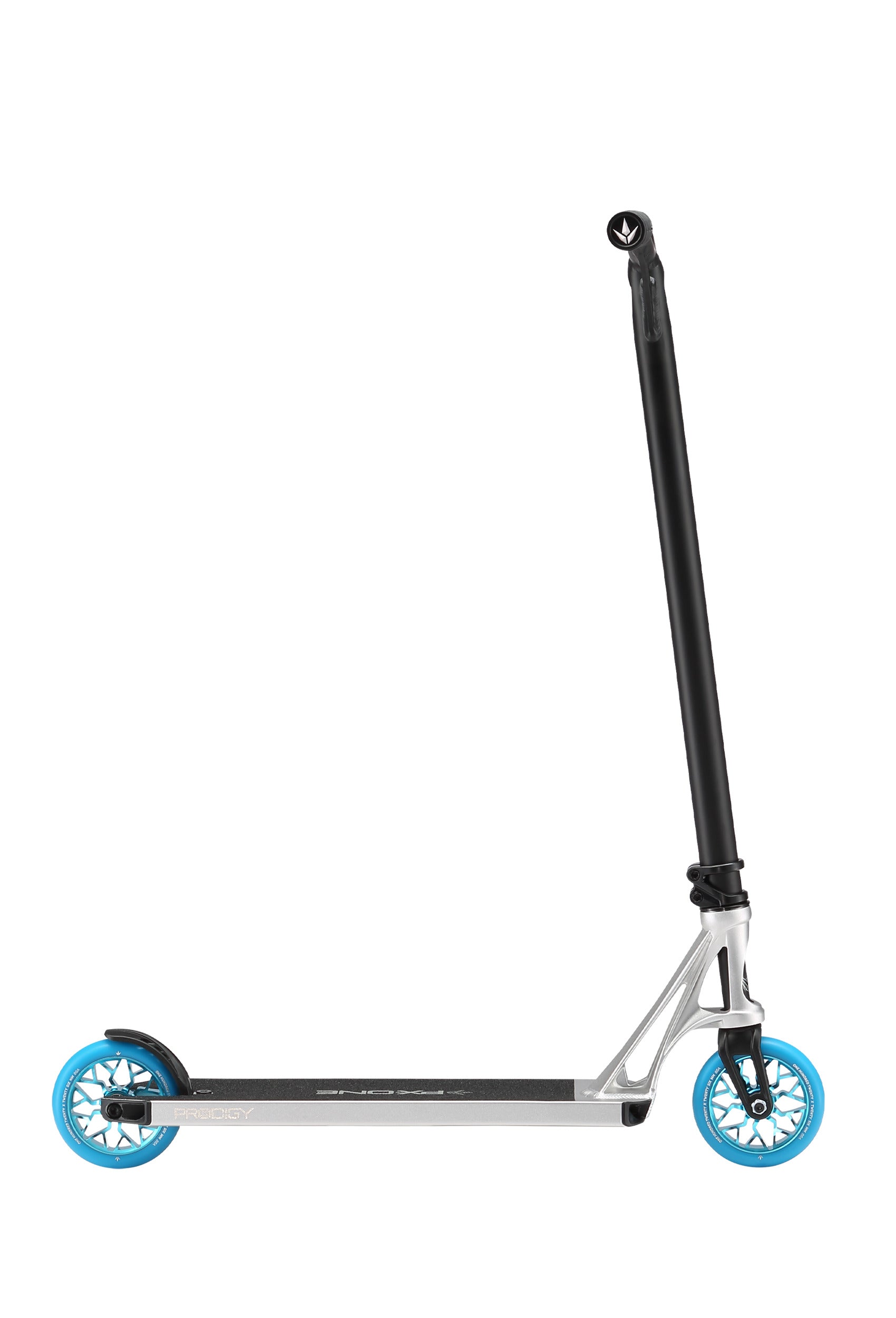 The Blunt Envy Prodigy X ONE Complete Stunt Scooter in silver features a black handlebar and bright blue wheels, displayed in profile against a white background.