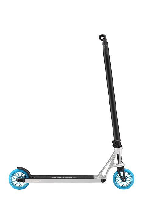 The Blunt Envy Prodigy X ONE Complete Stunt Scooter in silver features a black handlebar and bright blue wheels, displayed in profile against a white background.