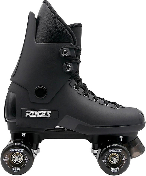 A black Roces Pro 80 Nucleus Quad Roller Skate featuring a high-ankle boot, black laces, and four black wheels. The side of the boot displays the white “ROC” logo, making these Roces skates a stylish and durable option for anyone seeking sleek quad roller skates.