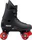 The Roces Pro 80 Quantum Quad Roller Skates in black with red translucent wheels, designed for aggressive park skating, are shown in profile view on a white background.