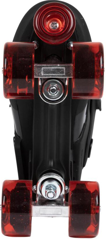 Top view of the Roces Pro 80 Quantum Quad Roller Skates in black with red translucent wheels and toe stop against a white background, featuring the durability and support from Roces that’s ideal for aggressive park skating.