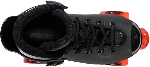 Top view of the Roces Pro 80 Quantum Quad Roller Skates in black and red, featuring black laces and red wheels. The image highlights the padded interior and part of the Roces brand logo inside. The durable hard shell design delivers excellent support, making these skates ideal for aggressive park skating enthusiasts.
