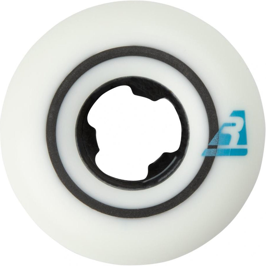 A Ricta Speedrings Slim 51mm 99A skateboard wheel in white, featuring a black inner ring, a blue “Ricta Speedrings” logo near the edge with the letter “R,” and an irregularly shaped center hole that highlights the unique design of these wheels.