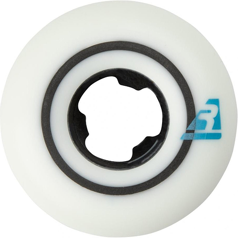 A Ricta Speedrings Slim 51mm 99A skateboard wheel in white, featuring a black inner ring, a blue “Ricta Speedrings” logo near the edge with the letter “R,” and an irregularly shaped center hole that highlights the unique design of these wheels.