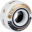 A close-up of a Ricta Speedrings Slim 52mm 99A Skateboard Wheel in white, showcasing gold and black text and graphics—including the words “RICTA,” “Speedrings,” and “52/99A” along the side. This high-performance skateboard wheel by Ricta is built for durability and delivers the smooth ride expected from 99A wheels.