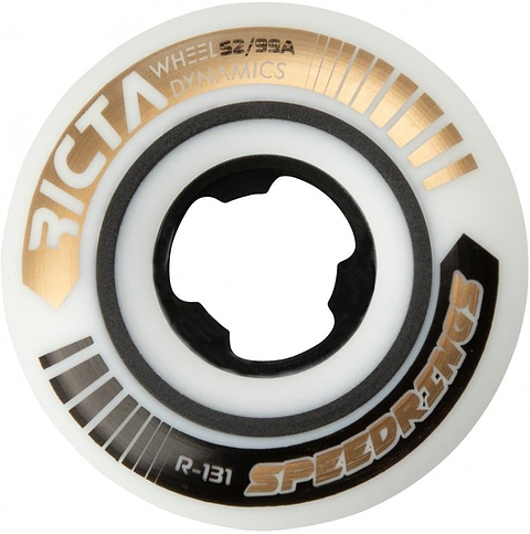 Ricta Speedrings Slim 52mm 99A Skateboard Wheels in white feature gold, black, and grey graphics with the labels “SPEEDRINGS,” “DYNAMICS,” and “WHEELS 52/99A.” These wheels from Ricta have a geometric-patterned inner core for added performance.